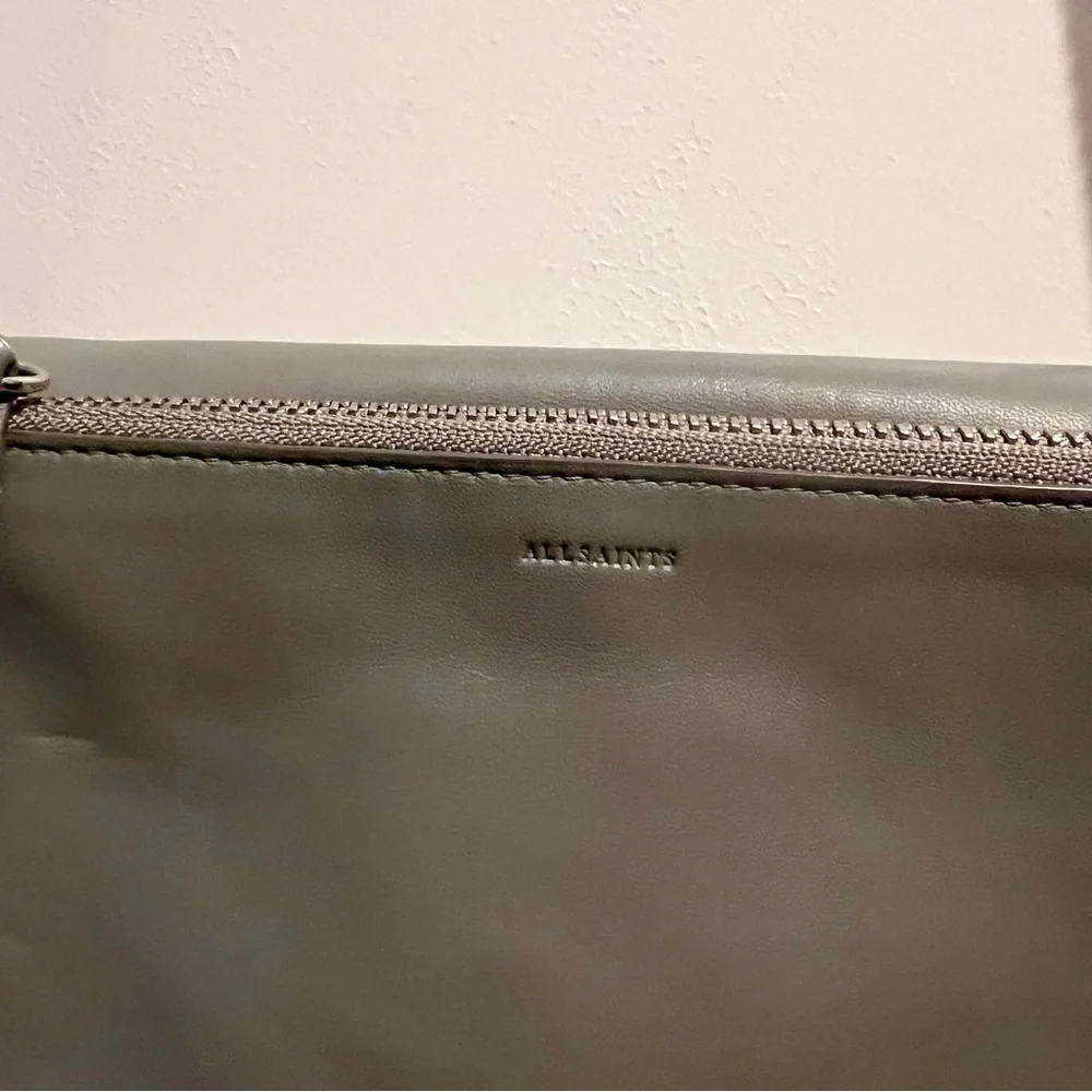 AllSaints Grey Leather Wallet on Chain Crossbody Bag Studded Minimal - Picture 5 of 6